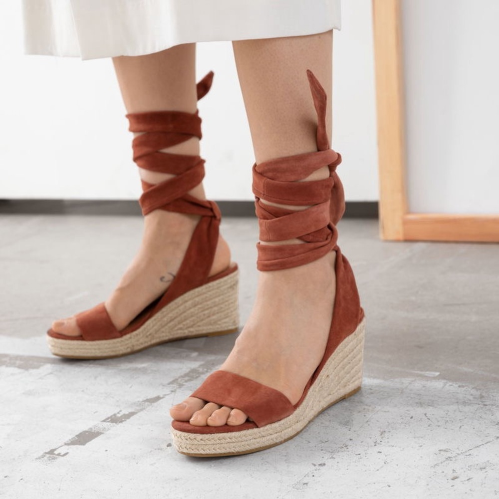 & Other Stories Rust Suede Espadrille Wedges with Wrap-Ankle Straps